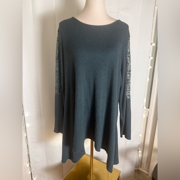 Premise XXL Teal Ribbed Knit Top with Lace Sleeve Detail | Women’s 2X - Picture 1 of 8
